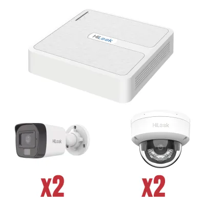 Kit IP 1080p (2 Megapixel) / NVR de 4 Canales con 4 Puertos PoE / 2 Cámaras IP Bala para Exterior con microfono y Dual light / 2 Cámaras IP Domo para Exterior