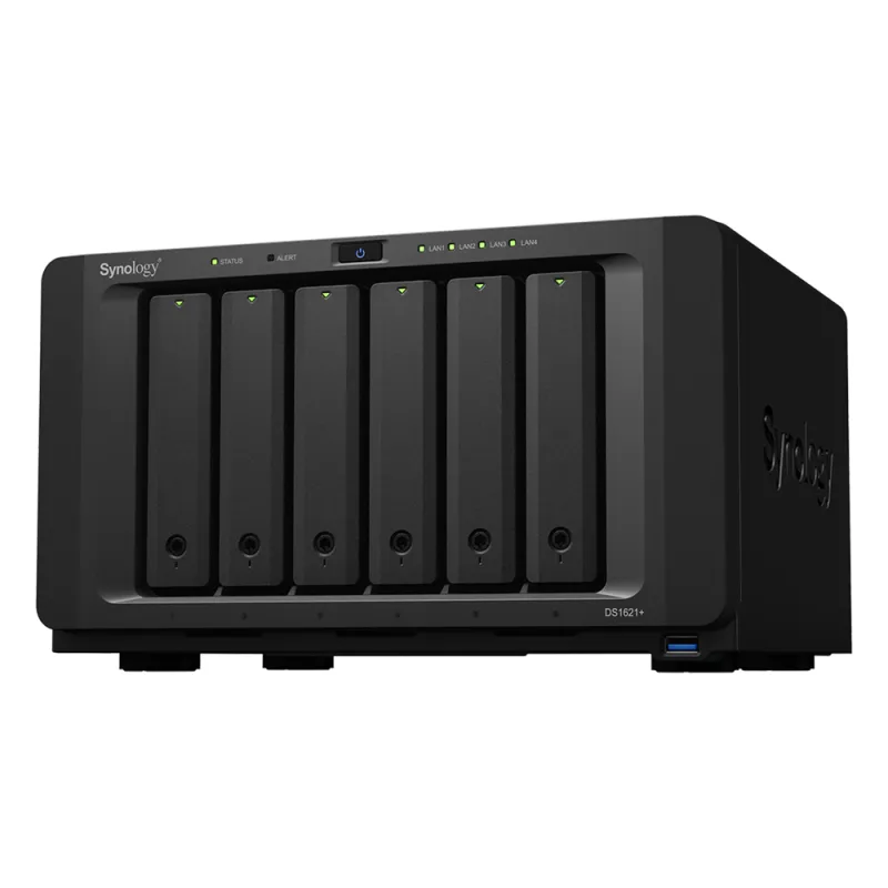NAS Synology DiskStation DS1621+ | 6 Bahías | Procesador AMD Ryzen V1500B | 4 GB DDR4 ECC | Expansión Hasta 16 Bahías | 2 Ranuras M.2 NVMe | Puerto 10GbE RJ-45 | Compatibilidad RAID | Btrfs | Virtualización | Caché SSD.