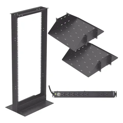 Kit de Rack Estándar 19", 24 UR con 2 Charolas y PDU (8 tomas). Ideal para UPS y Servidores tipo Torre.