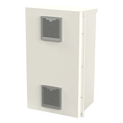 Gabinete Acero Galv. para 2 Baterías PL110D12 (400 x 730 x 300mm). Puerta Ventilada. Acc. para piso o poste No incluidos.