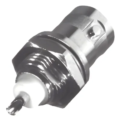 Conector BNC Hembra para Chasis, Montaje Frontal, Soldable, D-Plano, Troquelado, Niquel/ Oro/ Delrin.