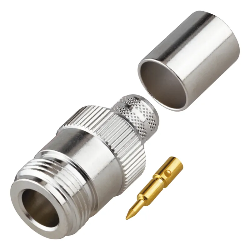 Conector N Hembra Inverso de Anillo Plegable para Cables 9913, RG-8/U, LMR-400, Grupo I, Níquel/ Oro/ Teflón.