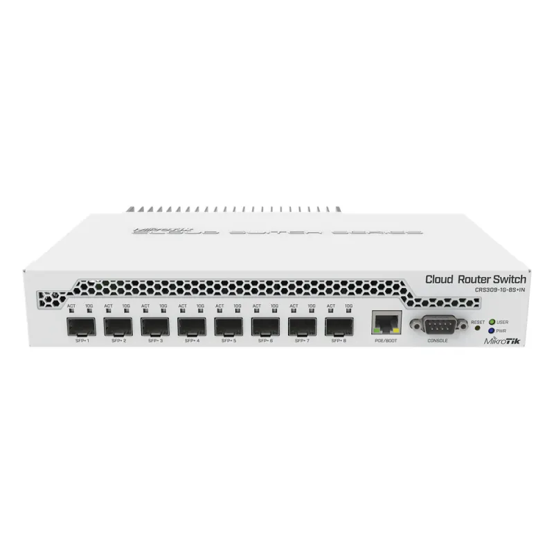 (CRS309-1G-8S+IN) Switch administrable Sistema Operativo Dual, puerto 1G Rj45, 8 puertos 10G SFP+ para Escritorio