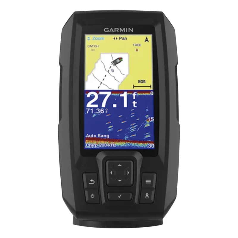 Fishfinder STRIKER™ Plus 4 con GPS Integrado / Pantalla QSVGA 272 x 480 píxeles / Frecuencias 50-200 kHz / Potencia 200 W RMS / Tecnología de Ganancia Automática / Sensor de Temperatura / Resistencia al Agua IPX7