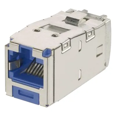 Conector Jack RJ45 Blindado, Llaveado Azul, Estilo TG, Mini-Com, Categoría 6A, de 8 Posiciones y 8 Cables, Color Azul