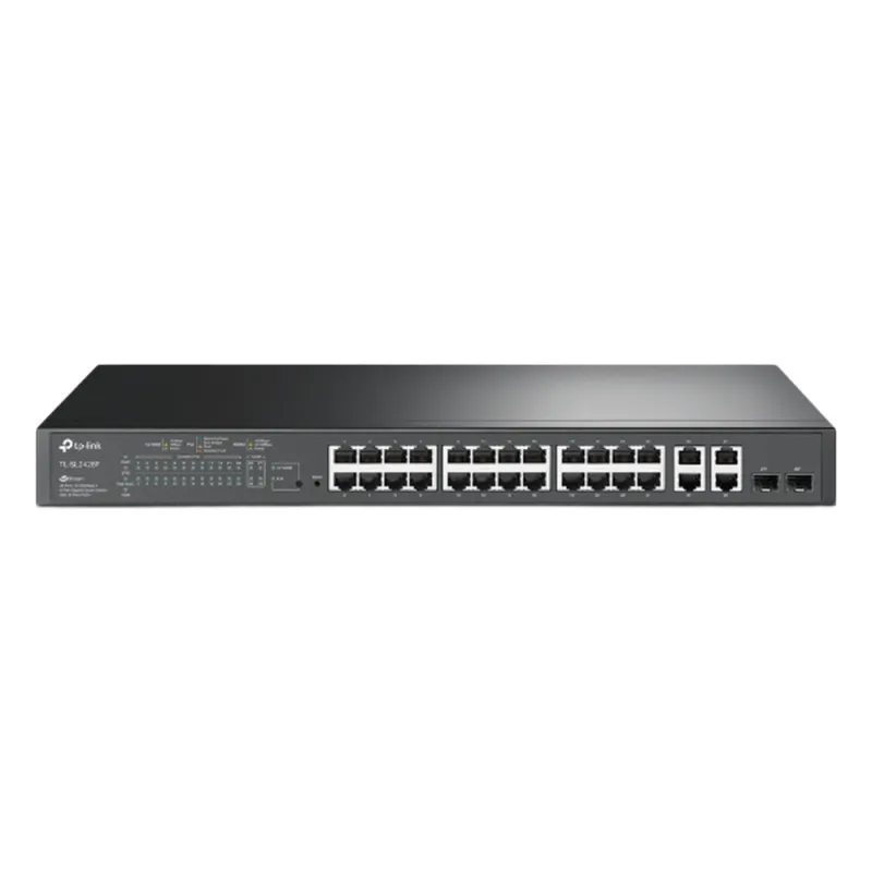 Switch PoE+ JetStream SDN Administrable 24 puertos 10/100 Mbps + 2 puertos 10/100/1000 Mbps (Uplink) + 2 puertos SFP (combo 2 RJ45 10/100/1000 Mbps), 250W, administración centralizada OMADA SDN