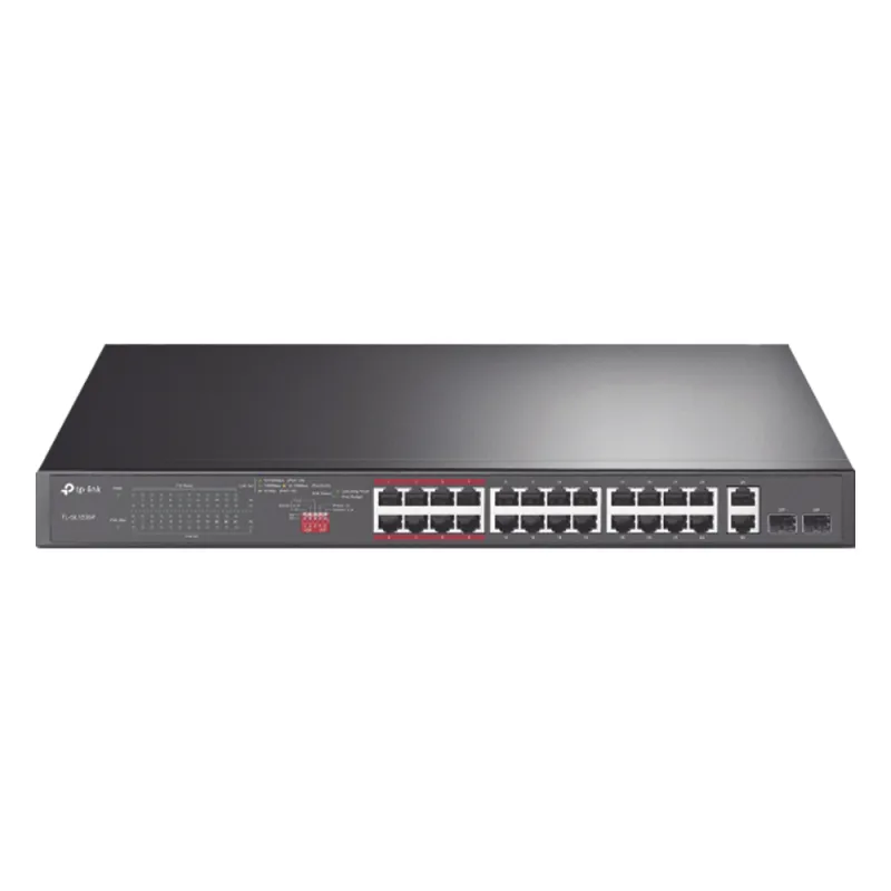 Switch No Administrable 24 Puertos PoE+ 10/100 Mbps / 2 Puertos 10/100/1000 Mbps + 2 Puertos SFP (combo) / Modo Prioridad de Tráfico / Modo Aislamiento de Red / Presupuesto PoE de 250 W / Diseño para Ideal para Vigilancia IP