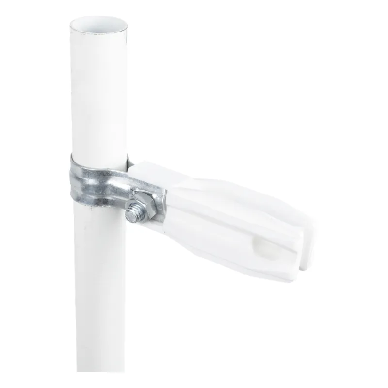 Aislador de Paso o Esquina Blanco con Abrazadera / 1 Pulgada (25 mm) / Resina Virgen 100% / Anti-Arqueo / Acero Galvanizado / Poste Cerco Eléctrico