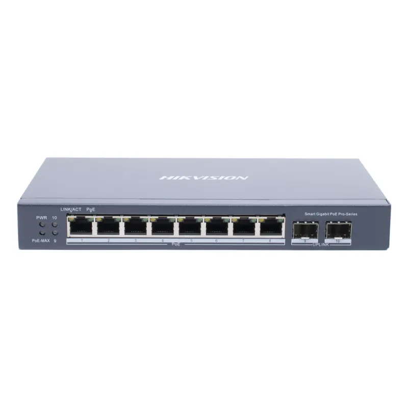 Switch Gigabit PoE+ / Administrable / 8 Puertos Gigabit PoE+ / 2 Puertos SFP / Configuración Nube Hik-Partner Pro / Modo Extendido hasta 300 Metros / 110 W