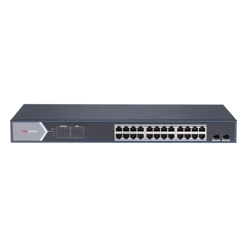 Switch Gigabit PoE+ / Administrable / 24 Puertos 1000 Mbps PoE+ / 2 Puertos SFP / Configuración Remota desde Hik-PartnerPro / PoE Extendido 250 Metros / 370 Watts