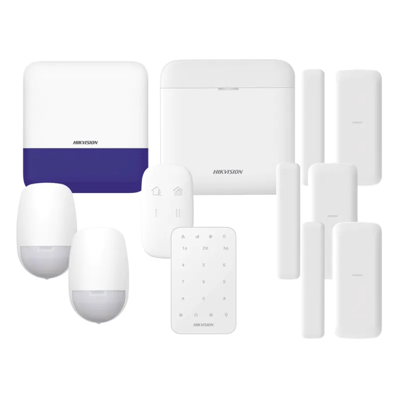(AX PRO) KIT de Alarma AX PRO / Incluye: 1 Hub con batería de respaldo/ 2 Sensores PIR / 3 Contactos Magnéticos mini / 1 Control Remoto / 1 Sirena Inalambrica Exterior /1 Teclado Inalámbrico / WiFi / Compatible con Hik-Connect P2P
