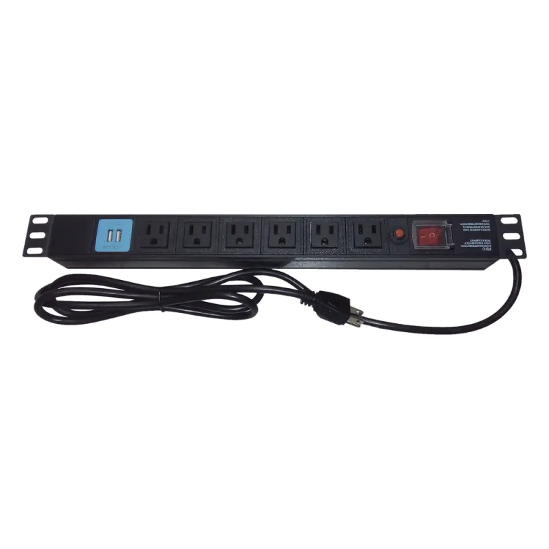 Tomacorriente Horizontal (PDU) de 6 contactos (NEMA 5-15R) + 2 USB para instalación en Rack de 19", 1UR, 125 Vca/ 15 A (THE0040091001001)