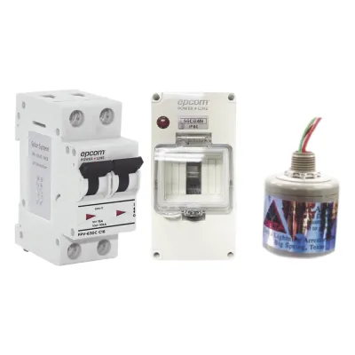 Kit de Centro de Carga Para Corriente Directa, Breaker de hasta 800 Vcc de 63 A con Supresor de Descargas Atmosféricas.