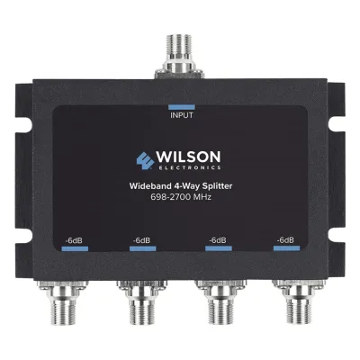Divisor de potencia de 4 vías para la distribución de señal a dos antenas de servicio | 6 dB de pérdida por puerto | Conectores F hembra