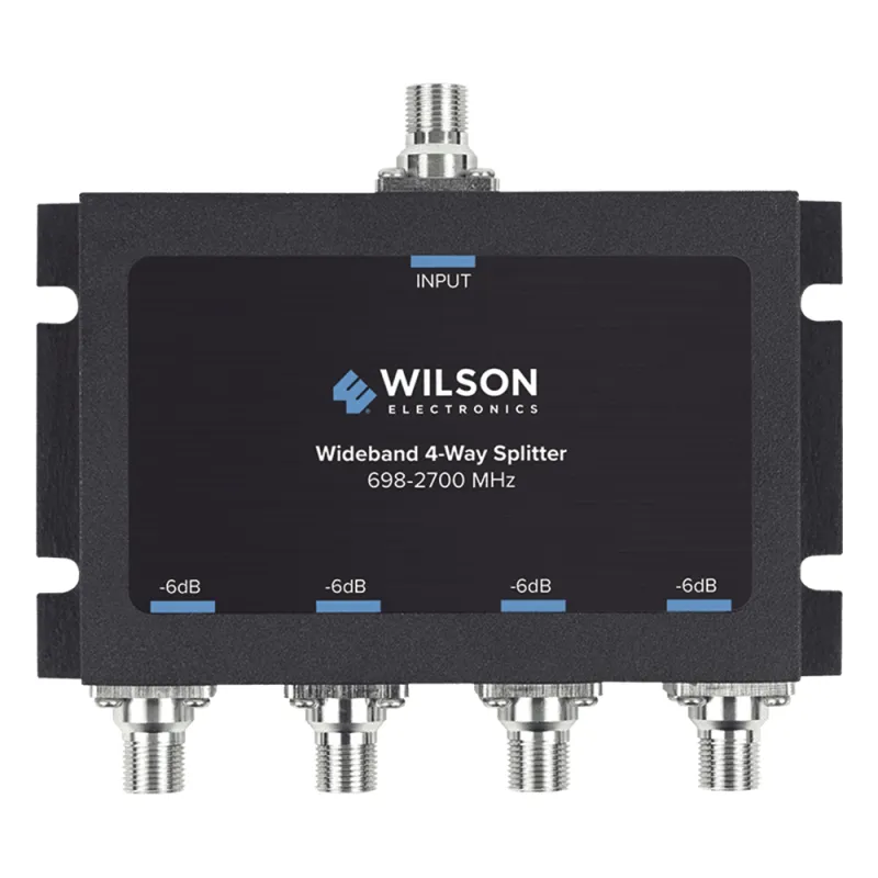 Divisor de potencia de 4 vías para la distribución de señal a dos antenas de servicio | 6 dB de pérdida por puerto | Conectores F hembra