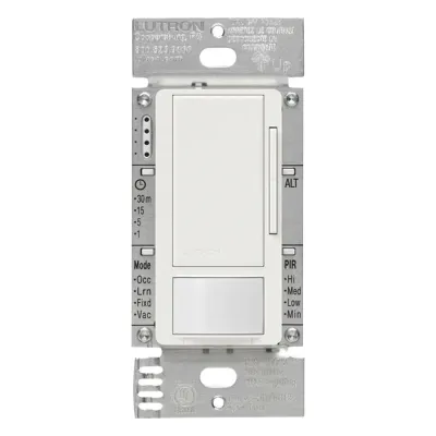 Atenuador 0-10 V con sensor de presencia Maestro para balastros electrónicos y drivers LED, 120-277 V, 8 A, tecnología XCT, unipolar o 3 vías, color blanco