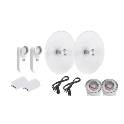 Enlace completo de 2 radios C5X con antenas UD-TP-27 (27 dBi), rango de frecuencia extendida (5.1 a 6.4 GHz), incluye inyector POE y cable de alimentación y adaptador para la antena