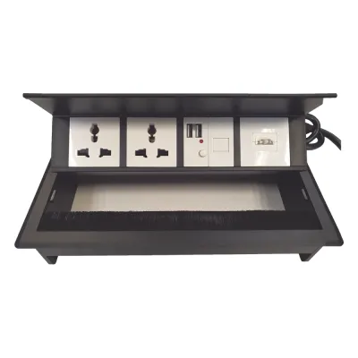 Caja Horizontal Tipo Hub para Escritorio Color Negro, con 1 Puerto HDMI Hembra-Hembra, 1 Puerto RJ45 Cat6, 2 Puertos USB (Solo Carga), y 2 Contactos Eléctricos Universales