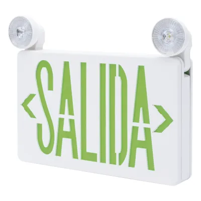 Letrero de Emergencia LED DUAL / Luz de Salida y Emergencia Integrada / Montaje Universal Pared-Lateral-Techo / Doble Voltaje 120-277 VAC / Batería 6V 4.5Ah / 3W Bajo Consumo