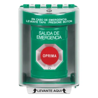 Botón de Salida de Emergencia, Cubierta de Policarbonato Súper Resistente de Superficie con Espaciador, Activación de Acción Mantenida, Con Bocina de Advertencia