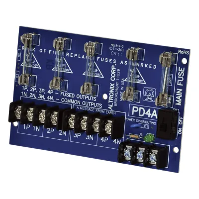 Módulo Distribuidor de Energía / 4 Salidas con Fusible 2.5A / Entrada 28VAC o 28VDC hasta 10A / Fusibles 3.5A/250V / LED Indicador por Salida / Montaje Compacto