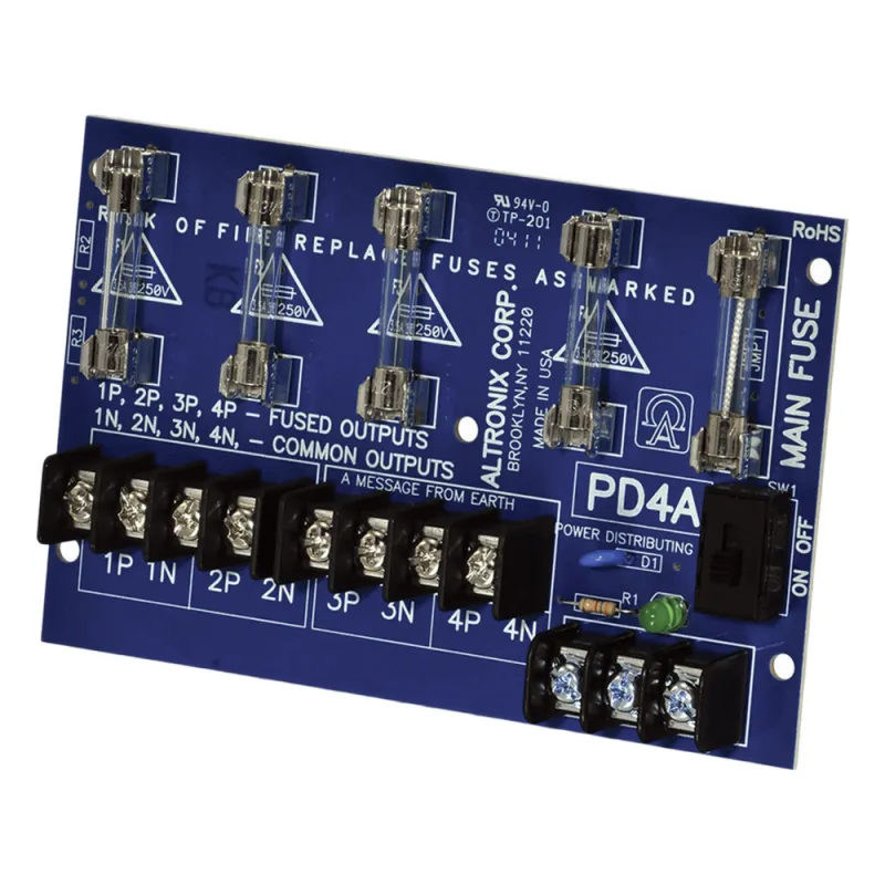 Módulo Distribuidor de Energía / 4 Salidas con Fusible 2.5A / Entrada 28VAC o 28VDC hasta 10A / Fusibles 3.5A/250V / LED Indicador por Salida / Montaje Compacto