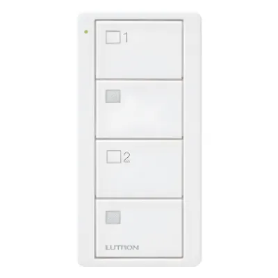 Control Pico inalámbrico de 4 botones para 2 grupos de cortinas o persianas con apertura y cierre por grupo, batería CR2032 de hasta 10 años, color blanco brillante