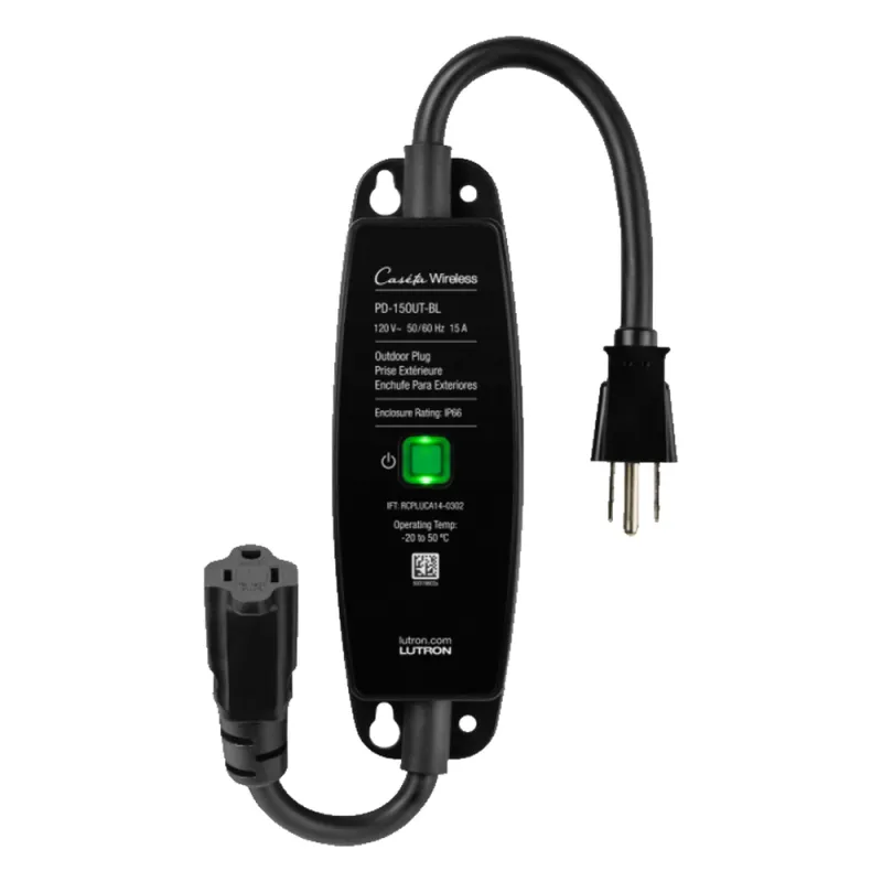 Enchufe inteligente para exteriores de 120 V y 15 A para iluminación y motores de 1/2 HP, con control Pico directo o app y geovallado mediante Smart Bridge, Caseta Wireless