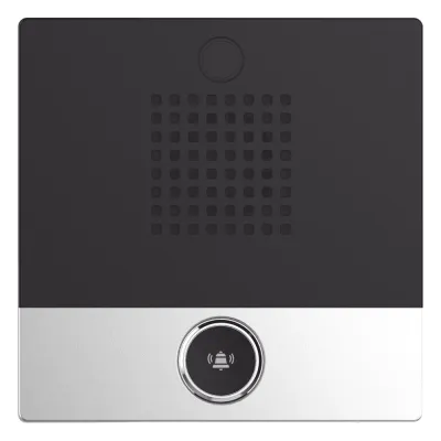 Mini Intercomunicador para hotelería y hospitales, con diseño elegante, PoE, 1 botón, 1 relevador integrado de salida y entrada.