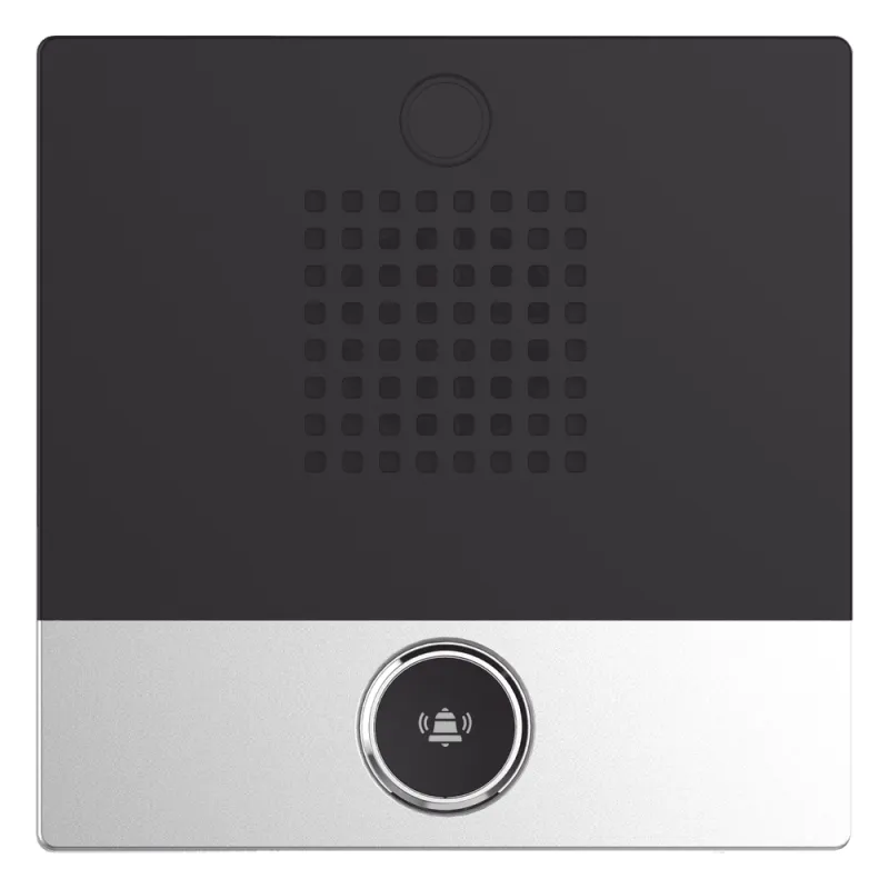 Mini Intercomunicador para hotelería y hospitales, con diseño elegante, PoE, 1 botón, 1 relevador integrado de salida y entrada.