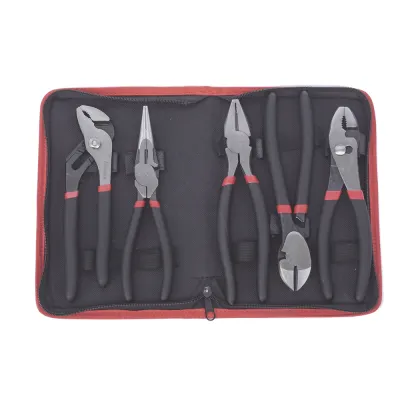 Juego de 5 Pinzas de 8" con Estuche. Incluye: P. Mecánica, P. para Tubo, P. Eléctrica, P. Corte, Nariz Larga.