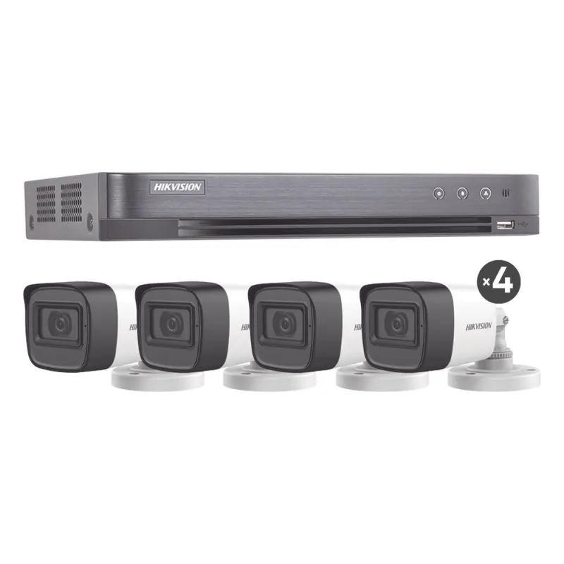 (MICRÓFONO INTEGRADO) KIT TURBOHD 5 Megapixel / DVR 4 Canales / 4 Cámaras Bala con Micrófono Integrado (exterior 2.8 mm) / Fuente de Poder / Accesorios de Instalación