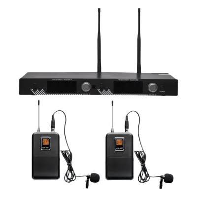 Kit de Microfonía inalámbrico | 2 Micrófonos de Lavalier | Receptor UHF | Pantalla LCD | 200 Canales | Gran cobertura