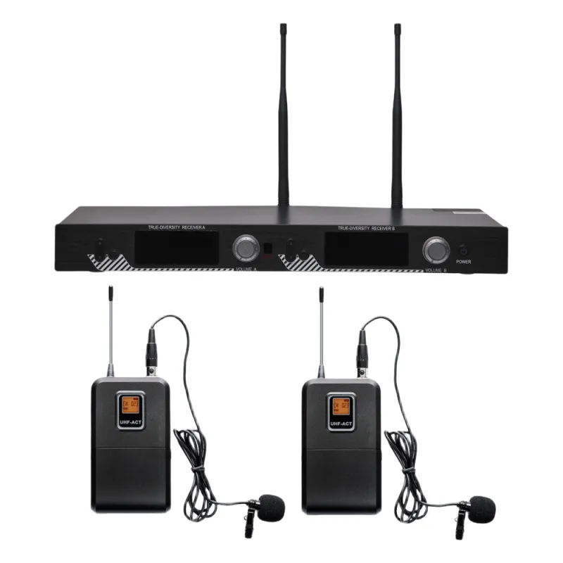 Kit de Microfonía inalámbrico | 2 Micrófonos de Lavalier | Receptor UHF | Pantalla LCD | 200 Canales | Gran cobertura