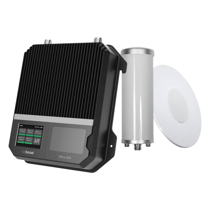 KIT Amplificador Office 200 / Soporta redes 2G, 3G, 4G y Mejora llamadas / Amplifica señal TELCEL, AT&T y MOVISTAR / Con antena omnidireccional / Cubre hasta 400 m² con una antena y hasta 1,600 m² con 4 antenas