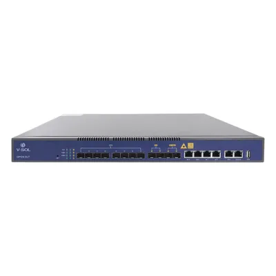 OLT de 8 puertos GPON con 8 puertos Uplink (4 puertos Gigabit Ethernet + 2 puertos SFP + 2 puertos SFP+) hasta 1,024 ONUs