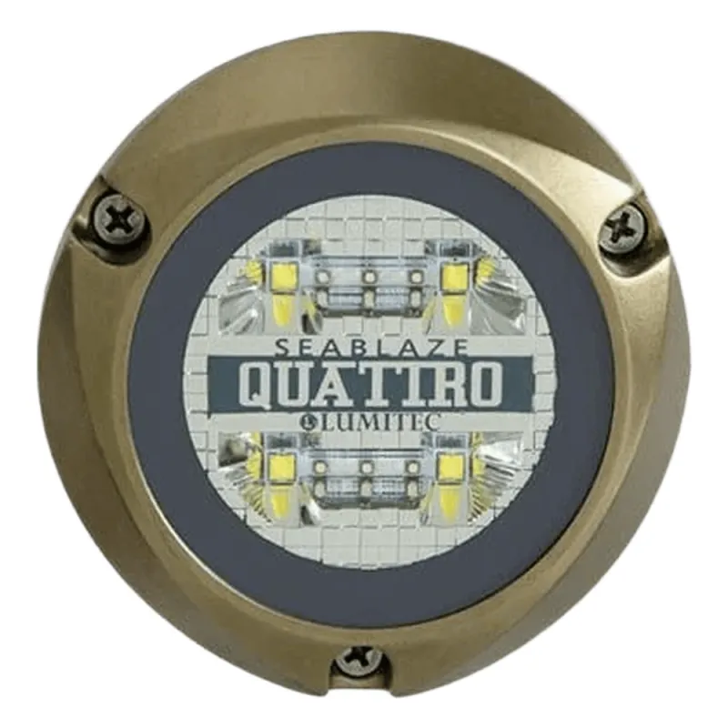 Luz led marina sumergible SeaBlaze Quattro, emite luz multicolor de 2000 lúmenes, fabricada en bronce naval con grado de protección IP68.