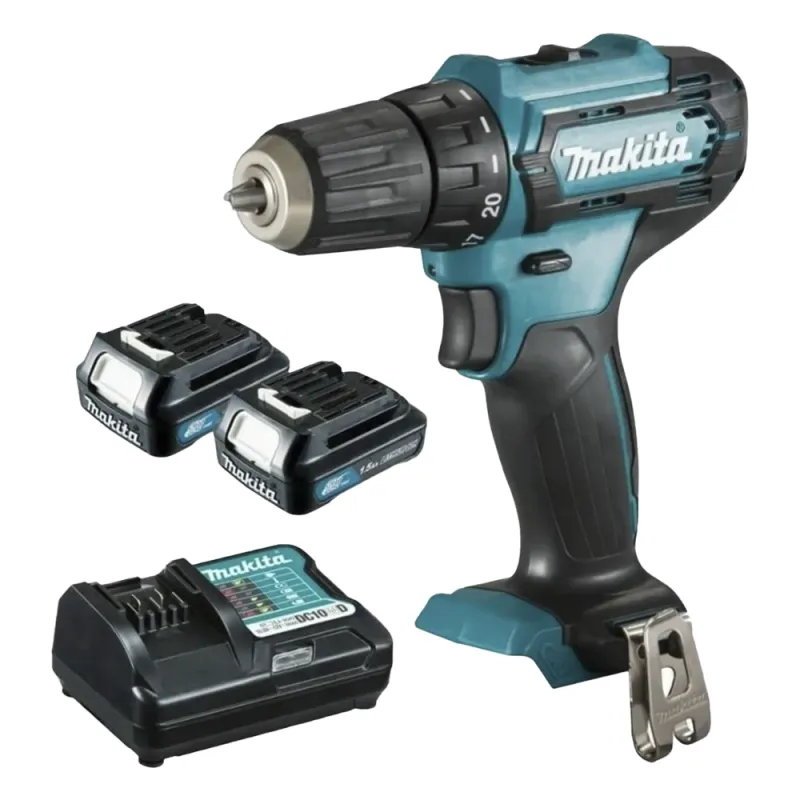 Atornillador broquero cambio rápido 3/8”. 2 baterías 12v de 1.5 amperes y cargador.