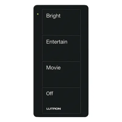 Control inalámbrico Pico de 4 botones para escenas, grabado de fábrica, pila CR2032 de hasta 10 años, negro brillante, compatible con Caseta Wireless, RadioRA 2 y 3