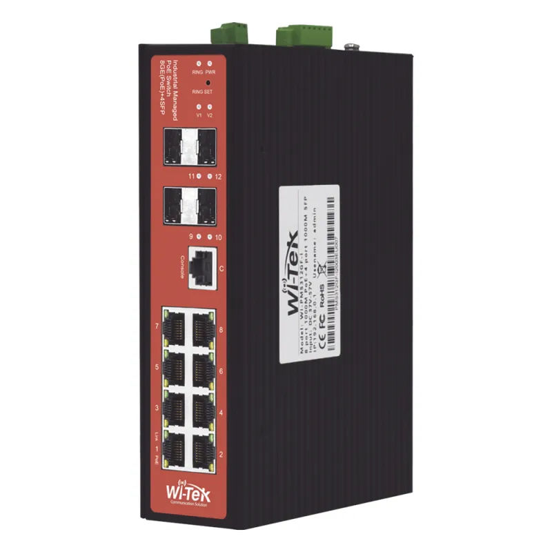 Switch Industrial Administrable / PoE Mixto 24/48V / 8 Puertos Gigabit + 4 SFP / Puertos 3-4 802.3 af/at/bt 60W / Protección 8kV / Riel DIN