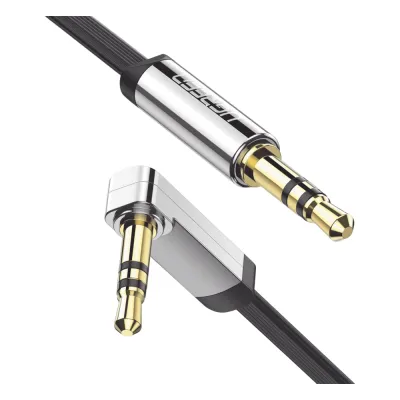 Cable Auxiliar Plano 2 Metros / Conector 3.5mm a 3.5mm / Macho-Macho / Recto a Angulo / Ángulo de 90° en una de sus Puntas / Color Negro