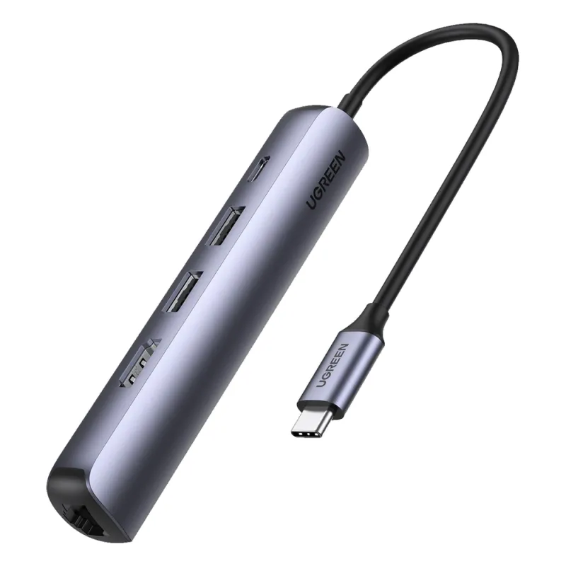 HUB USB-C (Docking Station) 5 en 1 | Ultra Delgado | 2 USB-A 3.1 a (5 Gbps) | HDMI 4K@60Hz | RJ45 (Gigabit Ethernet) | USB-C PD Carga Rápida 100W | Soporta OTG | Chips Inteligentes | Pequeño y Ligero | Caja de Aluminio.