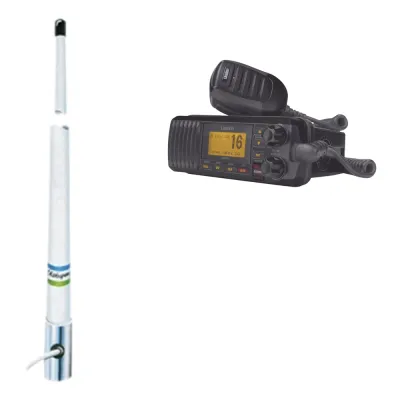 Kit de radio móvil VHF marino modelo UM-385 color negro y antena marina Shakespeare en fibra de vidrio 5101