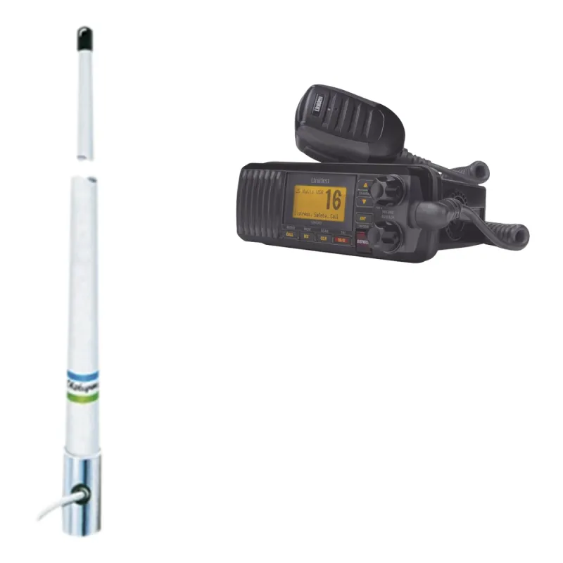 Kit de radio móvil VHF marino modelo UM-385 color negro y antena marina Shakespeare en fibra de vidrio 5101