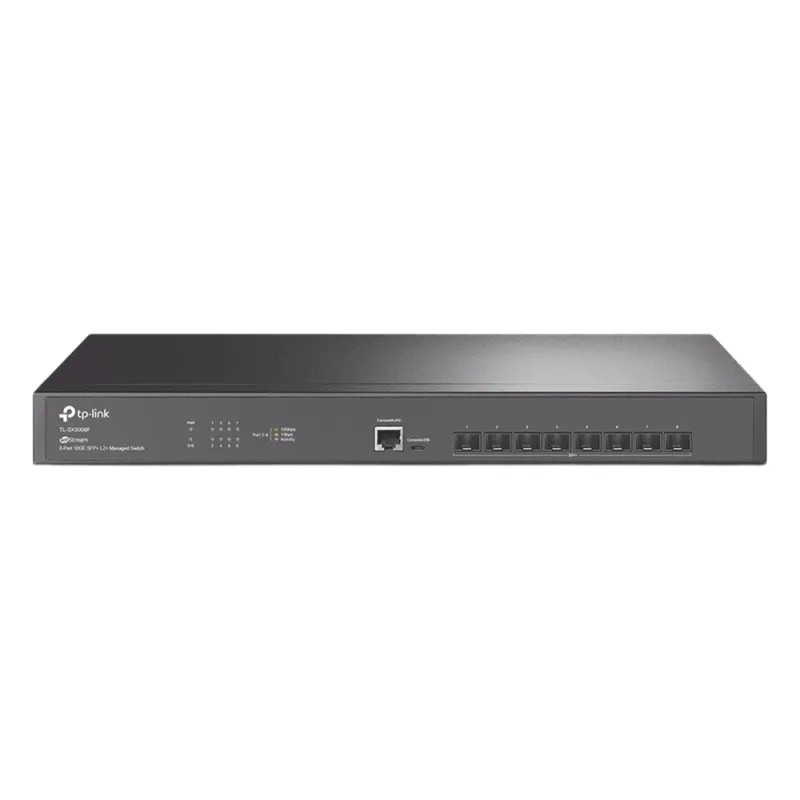 Switch Fibra Óptica L2+ Omada / 8 Puertos SFP+ 10G / 2 Puertos Consola (RJ45 y micro-USB) / Administración Centralizada Omada o Stand-Alone / Multicast IGMP / Calidad de Servicio / Montaje en Rack / Silencioso (sin ventiladores)