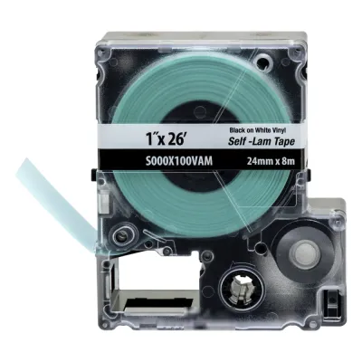 Casete de Etiquetas Autolaminadas de Cinta Continua, de 24 (1 Pulgada) mm de Ancho, 8 Metros (26.25 Pies) de Largo, Para Cables de 2.5 a 5.1 mm (0.1 a 0.2 Pulgadas) de Diámetro, Color Blanco