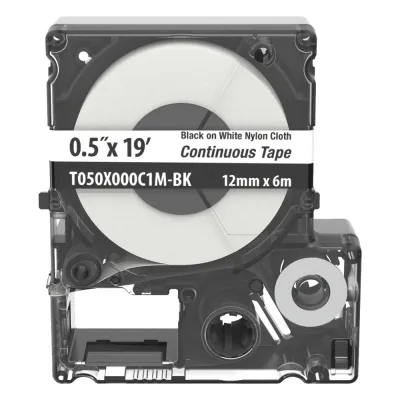 Casete de Etiquetas de Nylon de Cinta Continua, Color Negro Sobre Blanco, Uso Interior/Exterior, 12 (0.5 Pulgadas) mm de Ancho x 6 Metros (19.69 Pies) de Largo