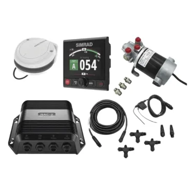 Piloto Automático Simrad para Embarcaciones Fueraborda y Dentrofueraborda / Paquete Completo / Controlador AP44 con Pantalla a Color 4.1 Pulgadas / Bomba Hidráulica RPU-80 / Brújula Precision-9 / Compatible con NMEA 2000® / Virtua