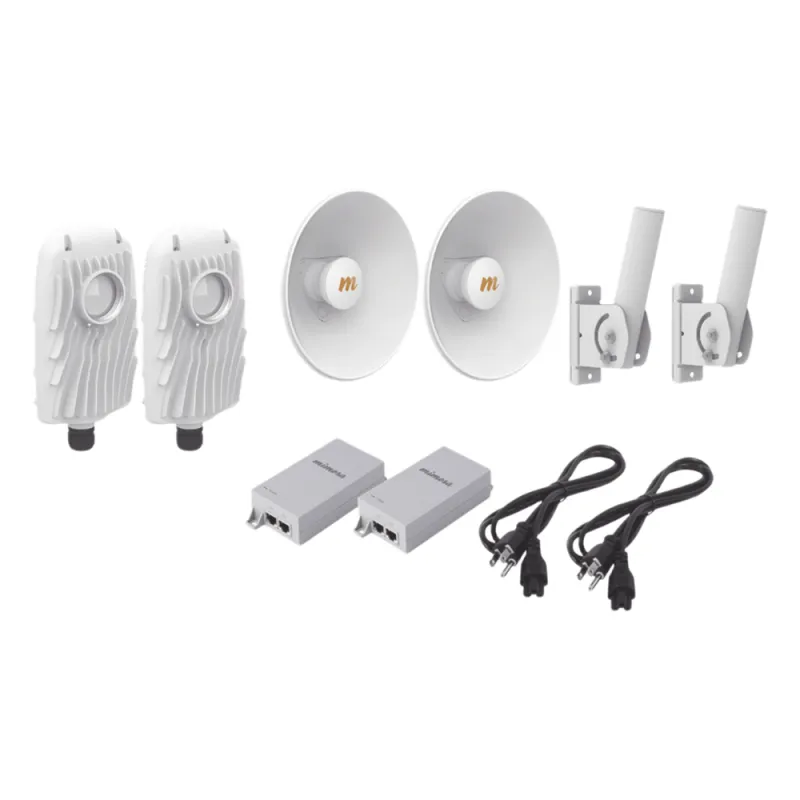 Kit de 2 radios B5X con kit de antenas (20dBi), rango de frecuencia extendida (4.9 a 6.4 GHz), incluye inyector POE, cable de alimentación y 2 FLEXIMOUNT-XL para alineación, distancia de hasta 8 km