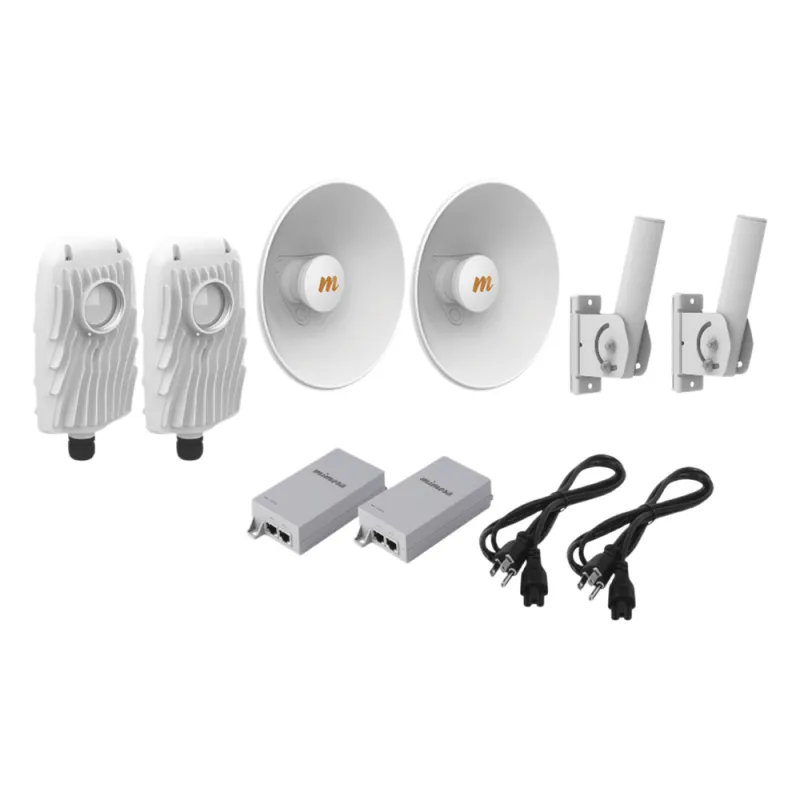 Kit de 2 radios B5X con kit de antenas de (25 dBi), rango de frecuencia extendida (4.9 a 6.4 GHz), incluye inyector POE, cable de alimentación y 2 FLEXIMOUNT-XL para alineación, distancia de hasta 10 km